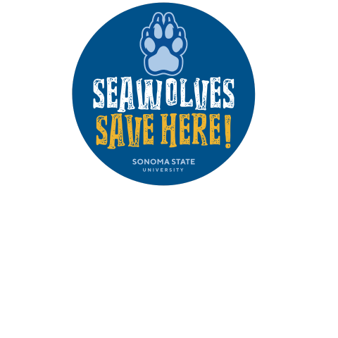 Paw with text "Seawolves Save Here, Sonoma State Univeristy"